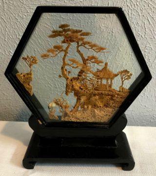 Vintage Black Lacquer Cork Art With 2 Storks Pagota & Trees 7 X 6