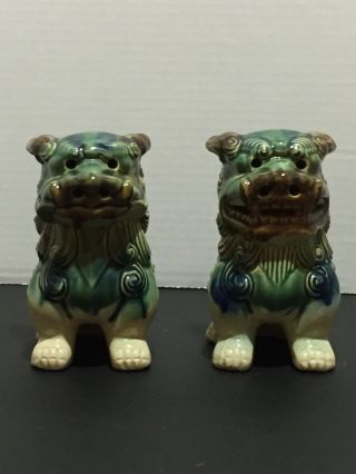 Vintage Chinese Green Ceramic Glazed Foo Dog Statue Figurines 5.  25”