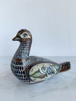 Vintage Tonala Mexico Bird Mexican Pottery Folk Art Blue Brown Ceramic Painted