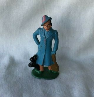 Vintage Barclay Manoil Lead Figure Lady In Blue Coat With Puppy Dog