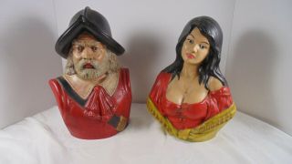 Vintage Holland Mold Bust Wench & Spanish Pirate Conquistador Hand Painted 70 " S