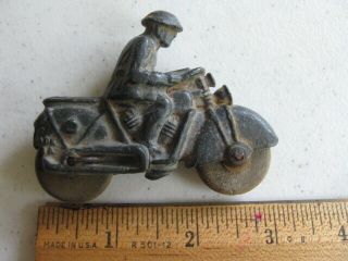 Vintage 3 Inch Cast Iron Toy Soldier On Motorcycle Wood Wheels