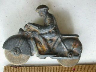 Vintage 3 inch cast iron toy soldier on motorcycle wood wheels 2