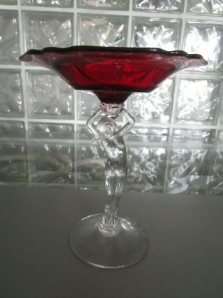 Vintage Art Deco/noveau Naked Lady Ruby & Clear Glass Pedestal Dish