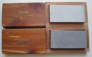 2 Vintage Smith’s Sharpening Stones Soft Stc - 4 Hard Htc - 4 Wood Boxes Arkansas