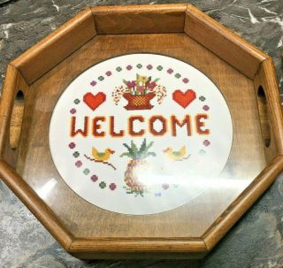 Vintage Wood Octagon Needlepoint Display Tray Three Mountaineers Welcome