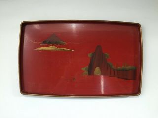 Japanese Wooden Sencha Obon Tray Vtg Lacquer Ware Makie Red Landscape Q141