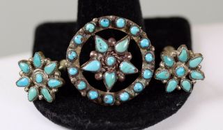Old Sterling Zuni Petit Point Snake Eye Turquoise Star Pin Earrings Set Signed