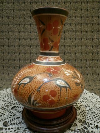 Mexican Tonala Pottery Vase Hand Made And Painted,  10.  25 " Tall