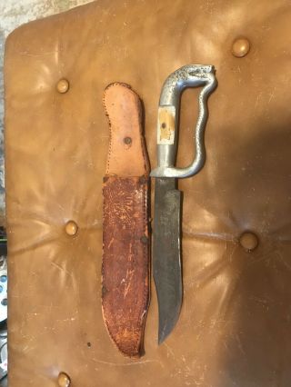 Vintage Mexico Mexican Bowie Fighting Knife Snake Eating Tail Handle W/ Sheath