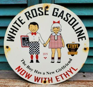 Vtg 1929 Dated White Rose Gasoline With Ethyl Porcelain Gas Station Pump Sign