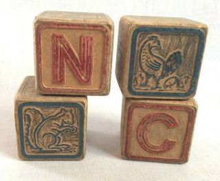 4 Primitive Wood Alphabet And Number Blocks Raised Letters And Graphics 1 3/4 In