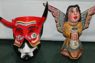 973 Angel Alado,  Rare Devil Mexican Wooden Masks 2 Pzas Wall Decor Diablo Wood