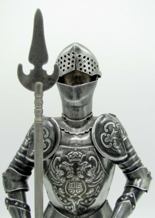 Medieval Knight In Shining Armor With Spear And Shield Statue Wood Base 10.  5 "