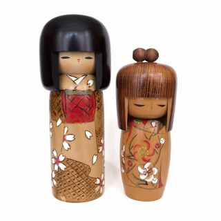 Vintage Stamped & Woody Craft Hand Painted Japanese Kokeshi Wood Doll Pair Set