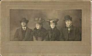Vintage 1900s Two Men And Two Women Portrait Studio Photograph Hats Fur Collars