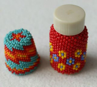 Beaded Metal Thimble And Beaded Small Medicine Bottle By Sandra Lee Parker