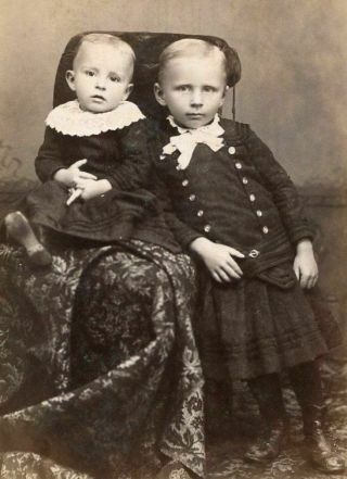 Antique Cabinet Photo Two Darling Little Victorian Boys W Skirt & Dress - 1800s