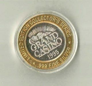 1995 Grand Casino L.  E.  Collectors Series Token.  999 Fine Silver - Buffalo