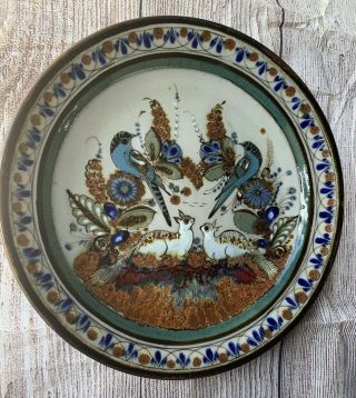 Ken Edwards Art Pottery 10 " Plate Signed Ke Mexico Blue Birds & Squirrels