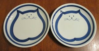 Set Of 2 Maneki Neko Cat Plates 9 " Diameter Blue & White Happy Cat