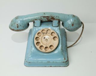 Vintage Collectible Tin Toy Telephone Blue Scrapes Scratches Rust Shelf Decor