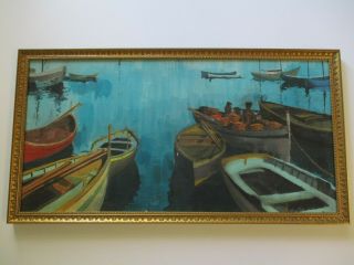 Vintage Impressionist Painting Nautical Boat Landscape Tranquil Mystery Marina