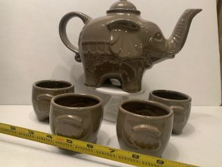 Gray Ceramic Tea Set Elephant With 4,  4 Oz Cups Trunk Up Good Luck