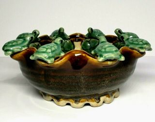 Vintage Brown & Green Majolica Glaze Pottery? 8 Turtles On A Bowl Footed Planter