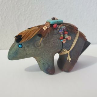 Native American Zuni Bear Fetish By Jeremy Diller Raku Pottery Turquoise Signed
