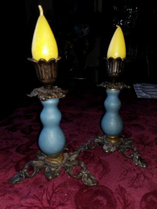 Vintage Pair Cast Iron Gothic Victorian Candlestick Candle Holders W/ Blue Glass