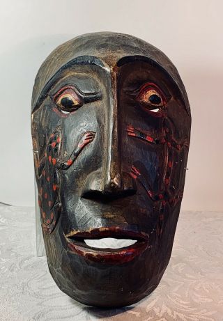 Carved African Tribal Mask Wood Wall Art Slanted Eyes Whistler Lips Heavy 12x7