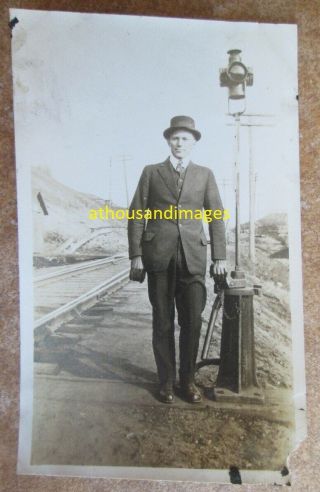 Vtg Real Photo Men Standing On Railroad Tracks Switch Train Locomotive Xx40