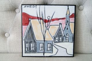 Vintage Canadian Charles Sucsan Framed Ceramic Tile Art Wall Houses And A Church