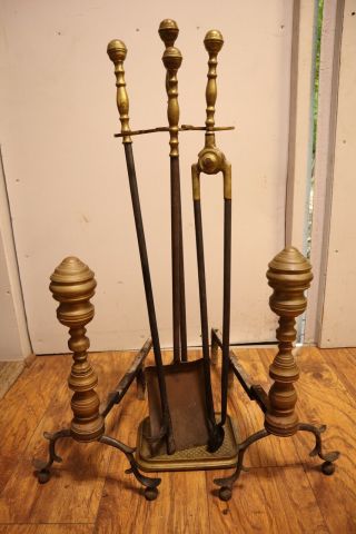Vintage Heavy Brass Fireplace Tool Set Poker Tongs Shovel Stand & Andirons