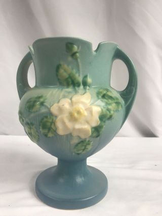Vintage Roseville Blue White Rose Double Handled Vase With Notched Rim