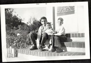 Antique Vintage Photograph Three Adorable Little Boys Sitting On Front Porch