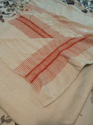 Vtg Wool Camp Blanket Double Long Sleeping Bag 53 X 130 Ecru W/ Orange Stripes