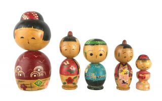 Vintage Set Of 5 Japanese Kokeshi Wooden Bobblehead Dolls Colorful