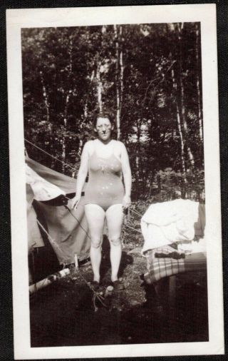 Vintage Antique Photograph Woman In Bathing Suit Standing By Tent
