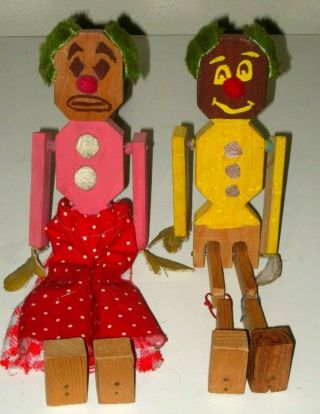 2 Vintage Folk Art Wood Clown Dancing Jig Doll Stick Puppets