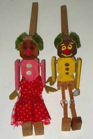 2 Vintage Folk Art Wood Clown Dancing Jig Doll Stick Puppets 2