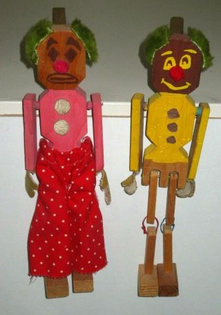 2 Vintage Folk Art Wood Clown Dancing Jig Doll Stick Puppets 3