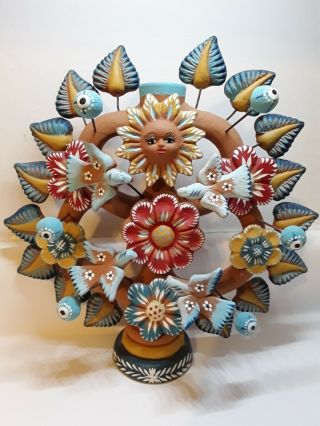 Mexican Tree Of Life Folk Art Candle Holder Clay Pottery Sun Flowers Birds Eyes
