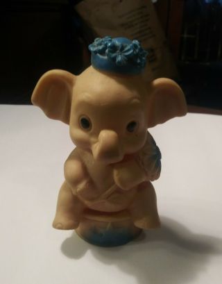 Vintage Tinkle Toy Rubber Elephant W/ Flower & Hat Squeak Toy