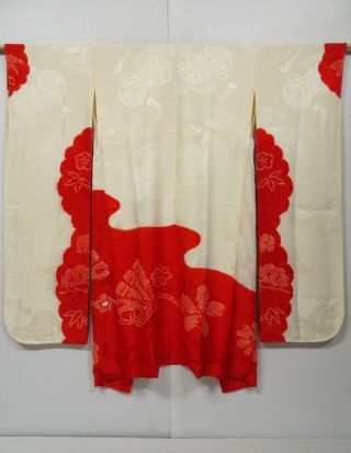 0709n05z790 Japanese Kimono Silk Furisode Juban Off - White Red Hand Drum