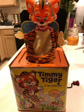 1968 Mattel Timmy Tiger Metal Jack In The Box.  Plays " Hail,  Hail The Gang 