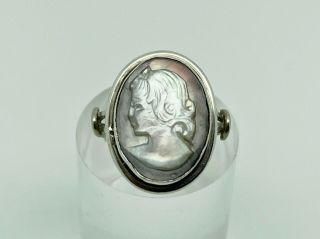 Vintage Art Deco Italian 800 Solid Silver Abalone Shell Carved Cameo Ring Size P