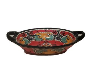 Vtg 11 " Hand Painted Mexican Floral Glazed Pottery Bowl Serving Dish Mexico Bowl
