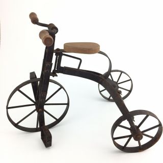 Rustic Toy Tricycle All Metal Frame Wood Seat & Handle Grips 1910 Style Decor
